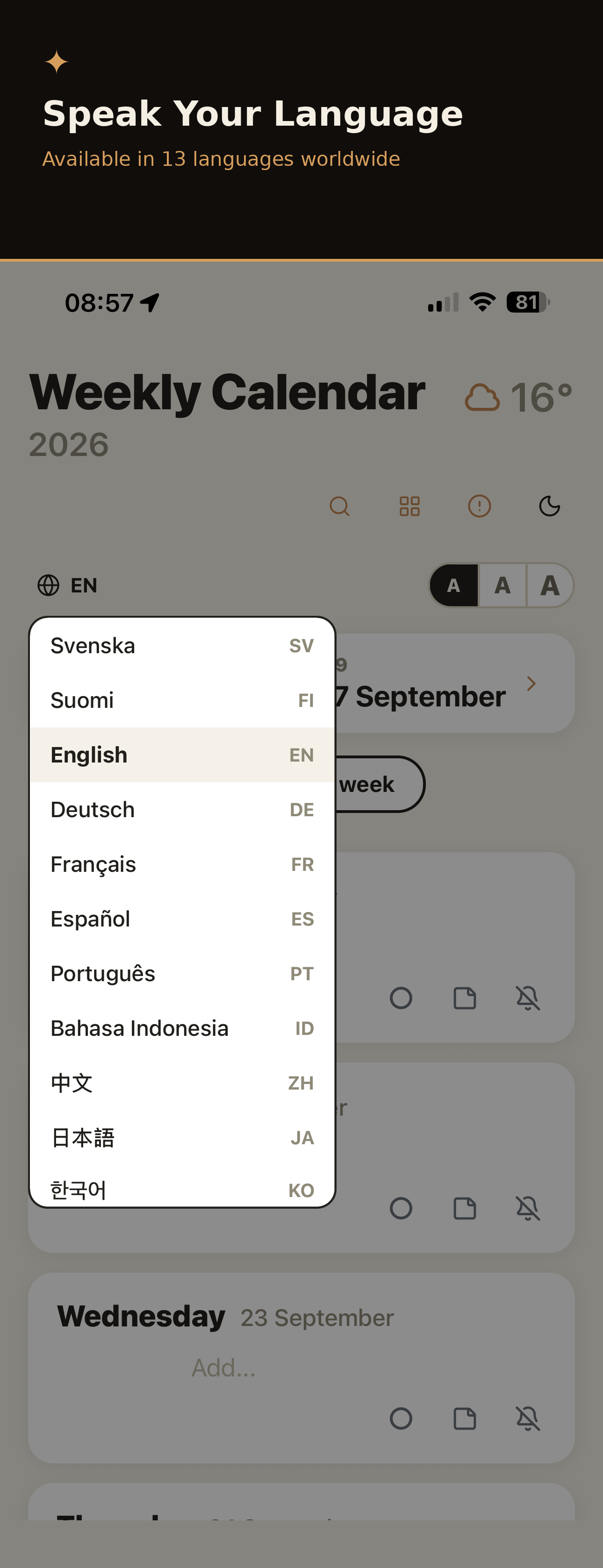 Language selection screen in WeekSpark