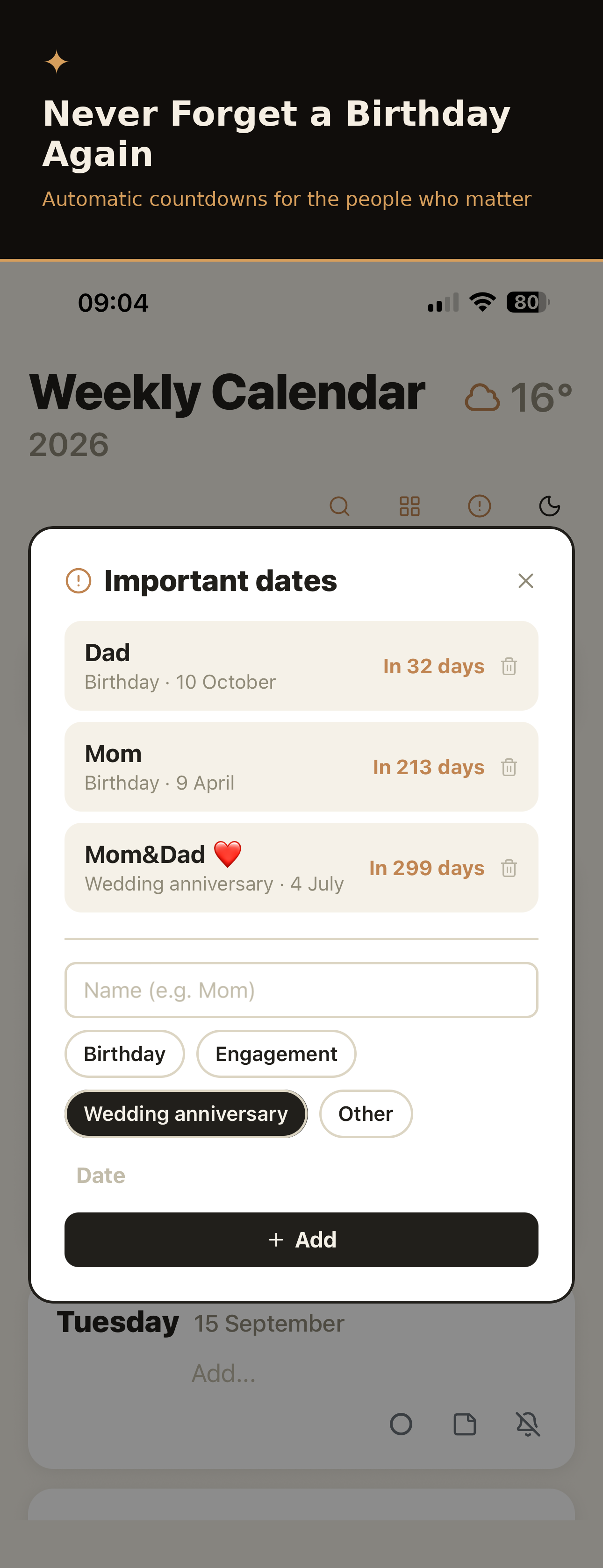 Important dates screen in WeekSpark