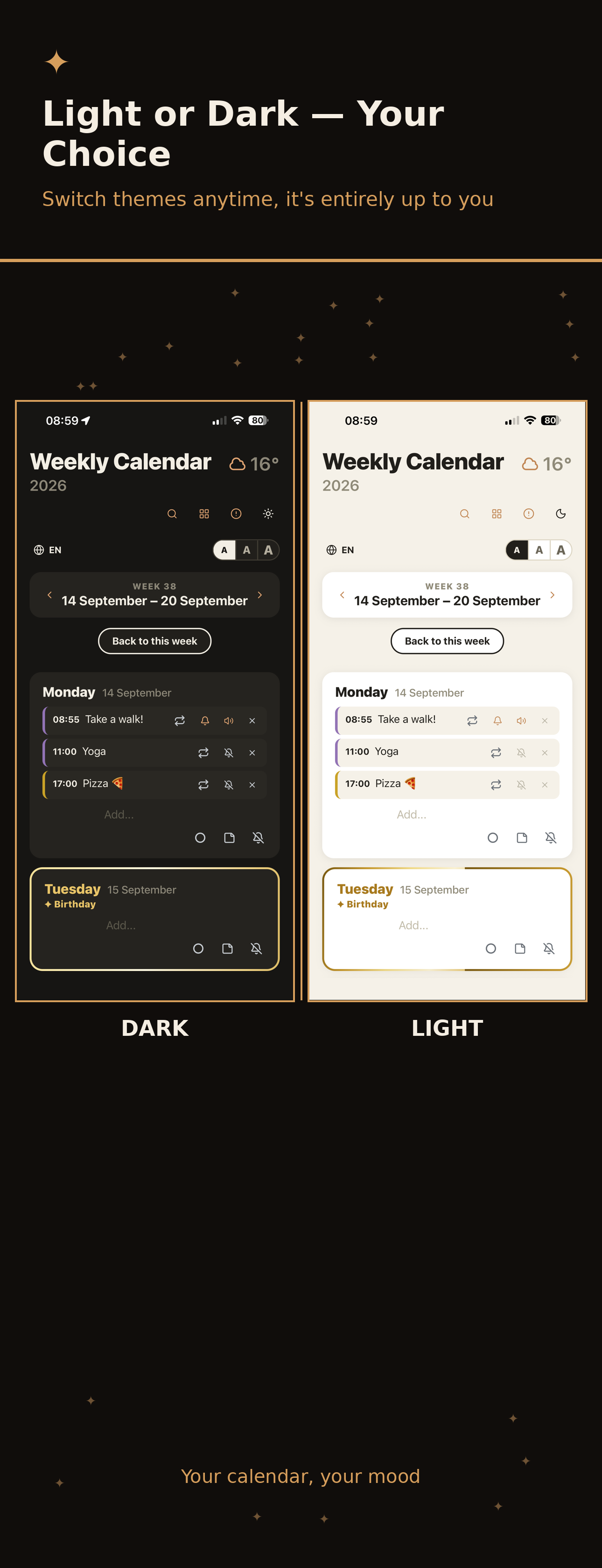 Light and dark theme comparison in WeekSpark